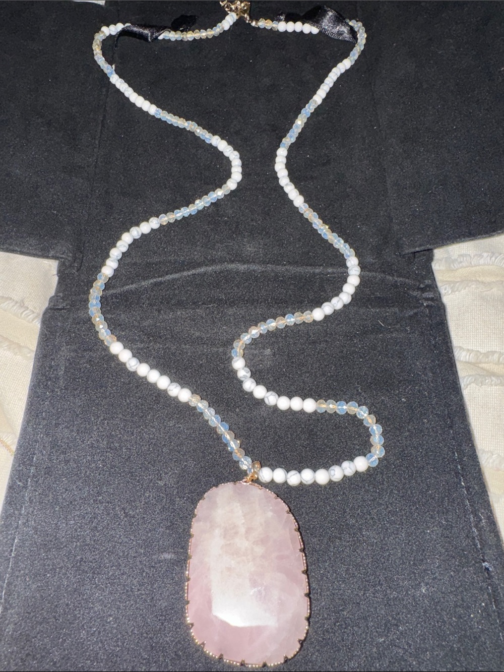 Rose Quartz Pendant Necklace with White gray Beads - Women Jewelry